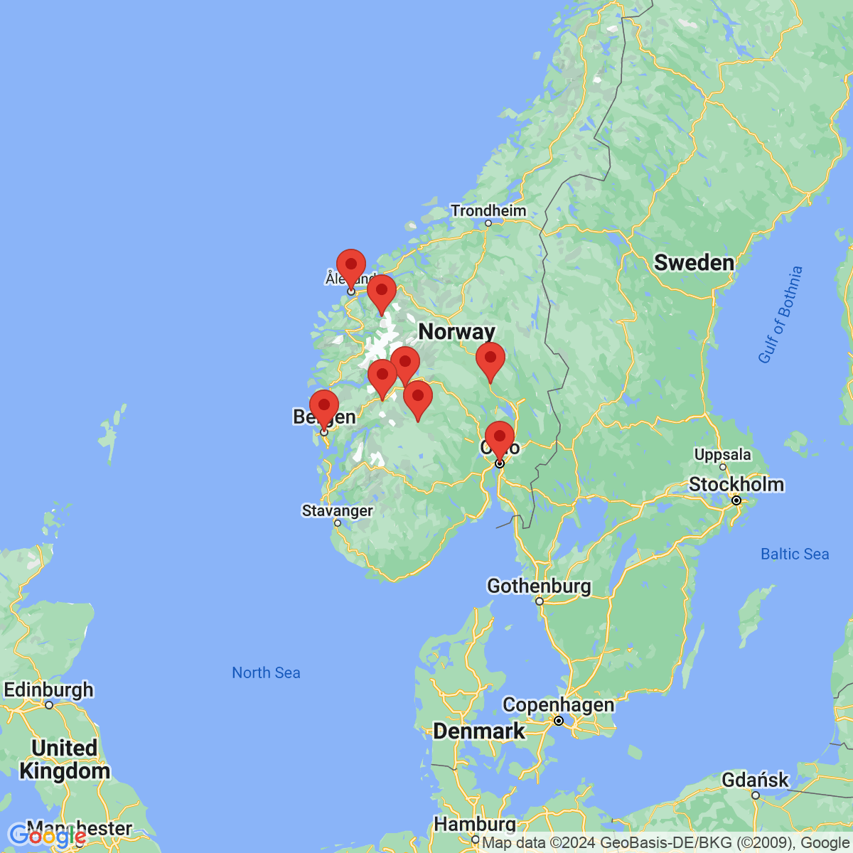 Carte du voyage Les fjords de Bergen à Oslo